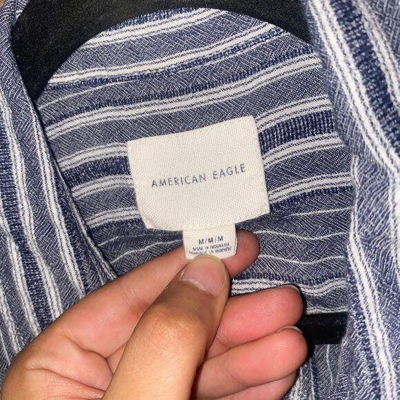 American Eagle Blue White Striped Tie Waist Long Sleeve Button Up Top Medium - Picture 4 of 6